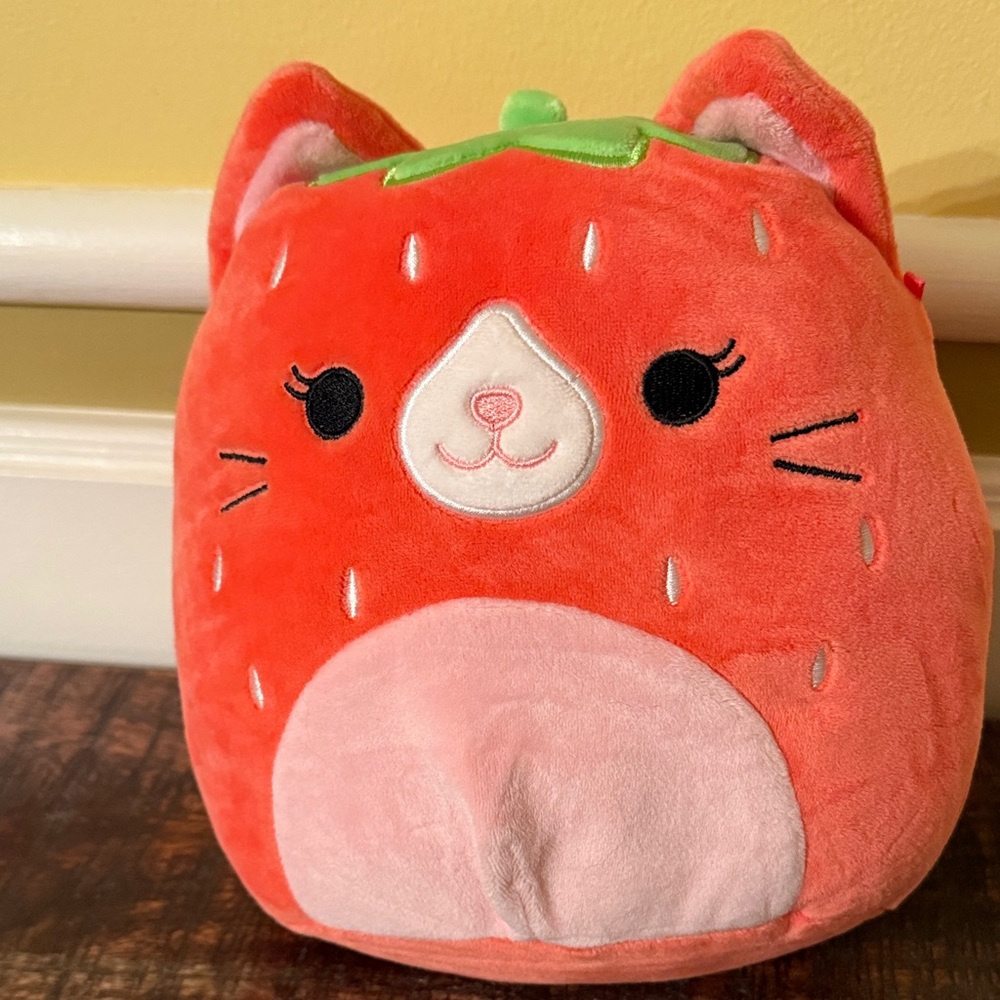 Squishmallows Pink and Green Strawberry Cat Stuffed Animal